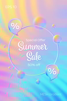 Summer sale banner. Discount percent. Mega sale special offer. Colorful sale poster. Bright sunset and sunrise iridescent sky colors. Blue, purple, orange, pink, yellow. illustration. vector