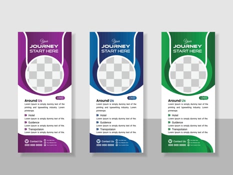 Travel Rack Card Design Template. Rack Card Design For Travel Agency. Travel vacation roll up banner design or pull up banner template. vector