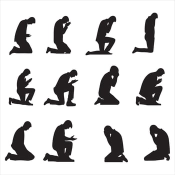 Man praying and praising God on knees silhouette white background vector