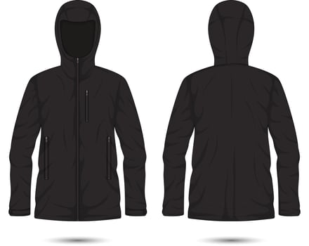 Waterproof hooded outdoor jacket mockup front and back view vector