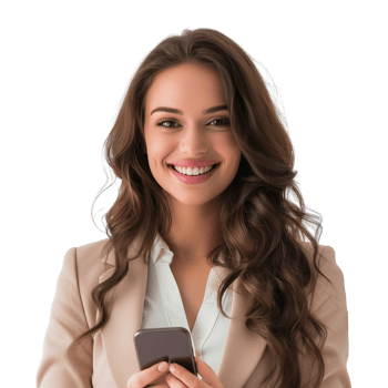 A confident businesswoman with a bright smile, holding a mobile phone, isolated on a transparent background png