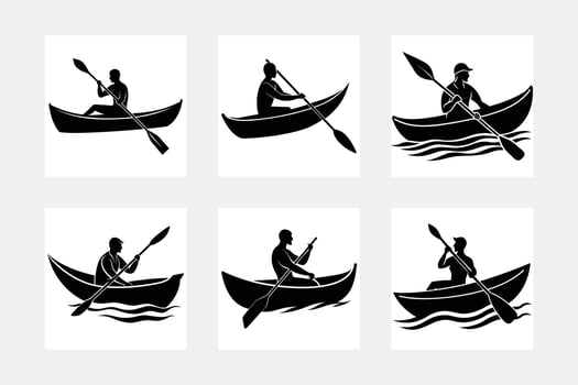 Kayak Boat and Man Printable Illustration. Set of silhouette vector