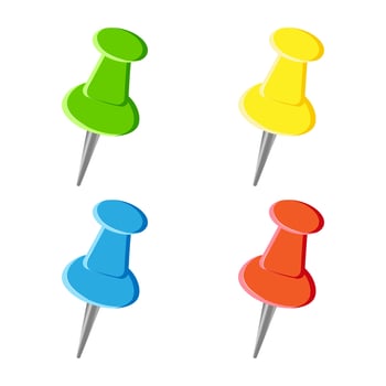 Set of multi-colored Cartoon Pushpins on white background. Back to school. Concept for school, office, education, banner, poster, social media, web, advertising, sale. Illustration Eps 10 vector