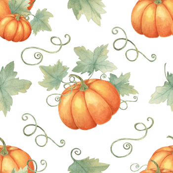 Pumpkins with green vines and foliage background clipart. Watercolor seamless pattern. Perfect for use in textile designs, kitchen decor, seasonal packaging, and fall-themed event decorations png
