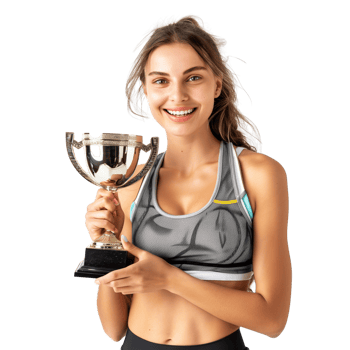 A fit and happy woman in athletic gear holding a trophy, isolated on a transparent background png