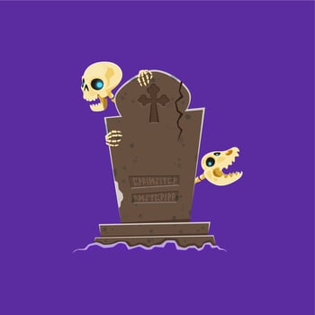 Cartoon Halloween scary skeletons near tombstone vector