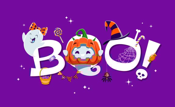 Halloween boo banner with funny cute kawaii ghosts vector