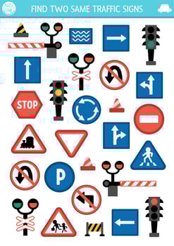 Find two same road signs. Transportation matching activity for children. City traffic educational quiz worksheet for kids for attention skills. Simple printable game road rule plates vector