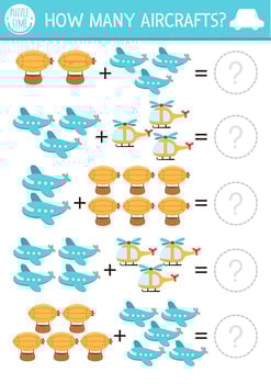 How many aircrafts game. Air transportation math addition activity for preschool children. Simple transport printable counting worksheet for kids with cute zeppelin, plane, helicopter vector