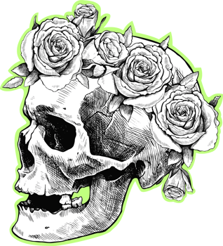 Graphic black and white drawing of a skull in flower wreath. Hand-drawn png