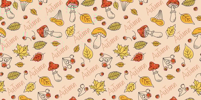 Autumn leaves, pattern, set linear icons, contour drawings. Autumn leaves, mushrooms, berries, fly agarics. Hand lettering. Seamless background, wallpaper decor. vector