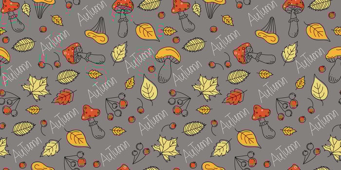 Pattern. Autumn leaves, set linear icons, contour drawings. Autumn leaves, mushrooms, berries, fly agarics. Hand lettering. Seamless background, wallpaper decor. vector