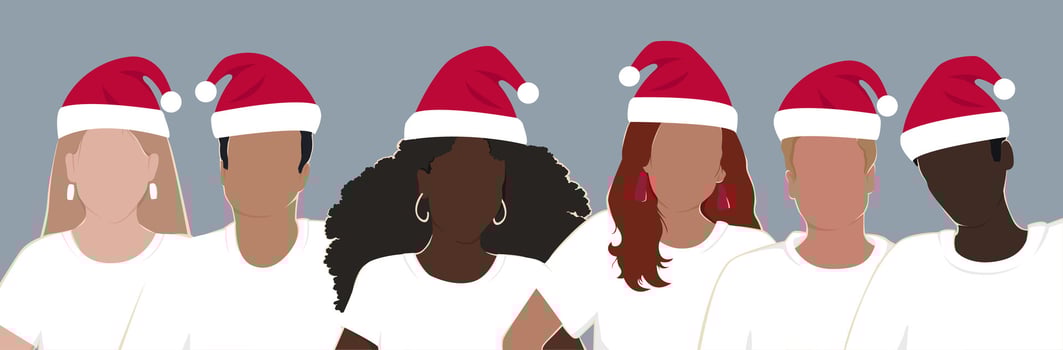 Happy New Year long horizontal banner. A group of diverse people wearing Santa hats. Modern Christmas flat illustration. vector