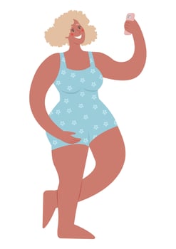 A girl in a swimming suit holds a smartphone and smiles. Joyful flat modern illustration. Summer sticker with a character. vector