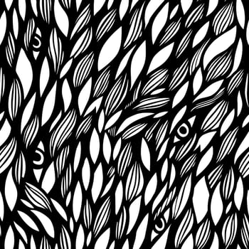 The graphic pattern of leaves, waves, and eyes. Black and white hand-drawn seamless pattern. vector