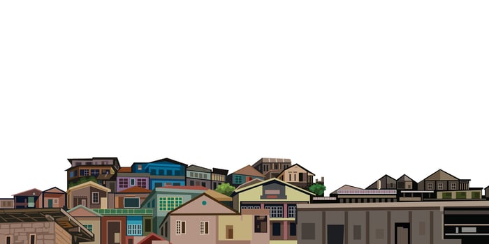 Building and white sky illustration. Panorama houses for background design. vector