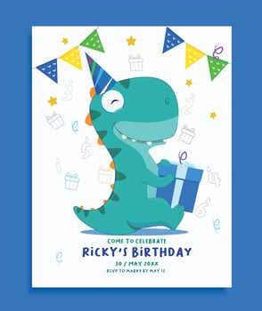 children's birthday invitation teamplate with cute dino vector