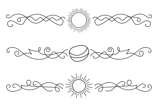 Fancy Lines summer flourish Elegant dividers, hand drawn sunset and sunrise tropical beach ornate text divider, beach vibes Thin line calligraphy page separator decorative element vector