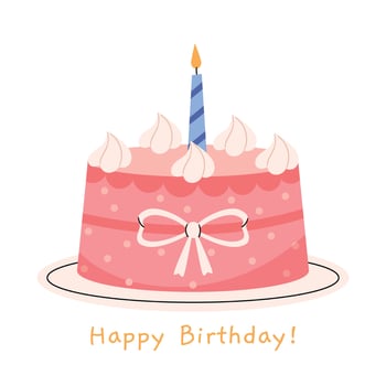 Happy Birthday greeting card.First 1st year Pink birthday cake with one candle.Flat illustration isolated on white background. vector