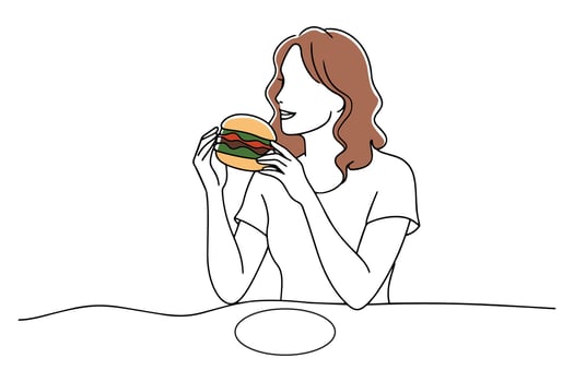 Woman enjoying a hamburger at a restaurant, Hand drawn offset fill with doodle illustration vector