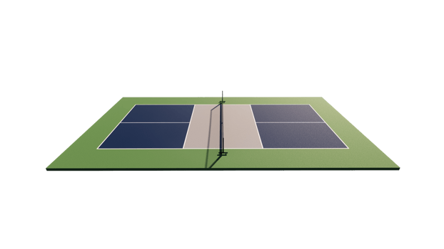 Side view of empty pickleball tennis court with blue, gray and green color with net isolated in transparent background png