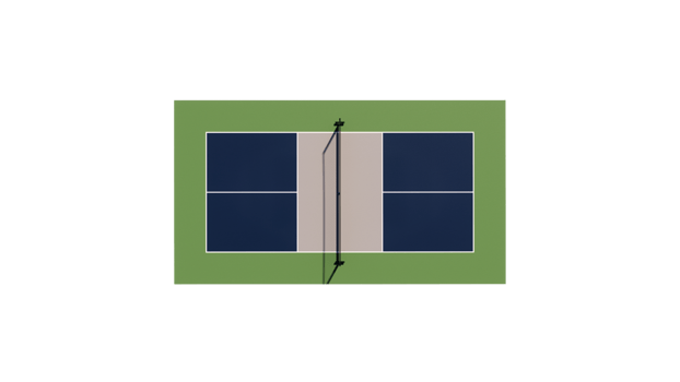 top view of empty pickleball tennis court with blue, gray and green color with net isolated in transparent background png