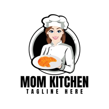 Mom's cooking logo, mother with a fork and plate vector