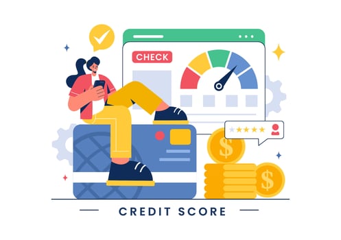 Credit Score Vector Illustration with Loan Arrow Gauge Speedometer Indicator Showing Ratings from Poor to Good in a Flat Cartoon Style Background