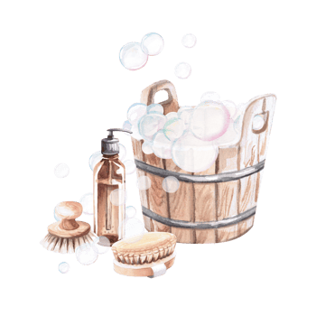 Wooden bucket with foam, dispenser and brushes in watercolor illustration . Hand drawn illustration of a set for advertising spas, baths, saunas, beauty salons. png