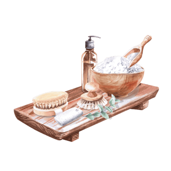 Wooden tray,dispenser,brush,pumice stone,plate with salt, spatula in watercolor illustration. Hand drawn illustration of a set for advertising spas, baths, saunas, beauty salons. png