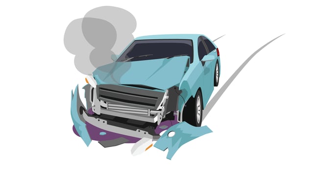 Vehicle accidents blue car crash on the front is severe damage. Broken front bumper Front hood is slightly open. There was smoke coming out. engine oil leak. On isolated white background. vector