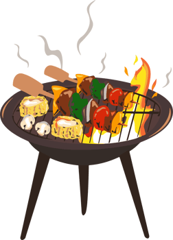 A grill with meat and vegetables on it png