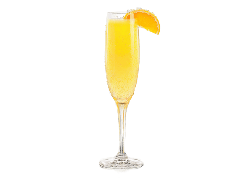 Mimosa A chic champagne glass with pale orange liquid bubbles and orange slice with champagne png