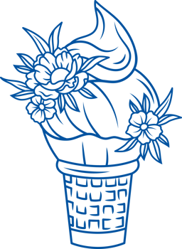 Ice cream with large milk cap inside waffle cup decorated with flowers for dessert menu design png