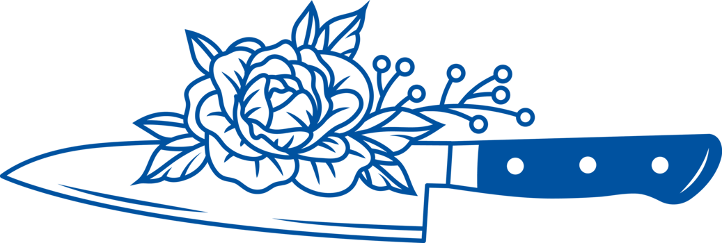 Kitchen knife with sharp blade for cutting ingredients for preparing soup, decorated with rose png