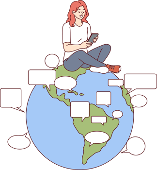Woman uses online translator in mobile phone to communicate in different languages, sitting on globe. Translator function built into smartphone allows you to chat with people from all over planet png