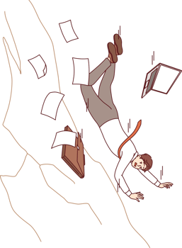 Loser business man falls off cliff due to mistake, or lack of professional experience and connections. Loser guy became victim of crisis and was thrown out of work during company downsizing png