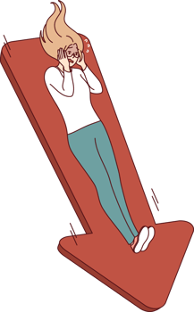 Frightened woman suffering from falling income and risk of bankruptcy, lying on down arrow. Danger of bankruptcy and sharp reduction in salary for girl is caused by financial crisis png