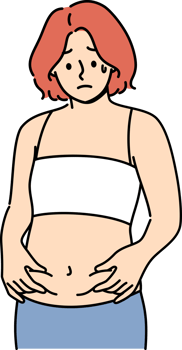 Woman is frightened by appearance of belly fat and afraid of gaining excess weight after changing diet. Thin girl thinks she has become fat, suffering from psychological problems and low self-esteem png