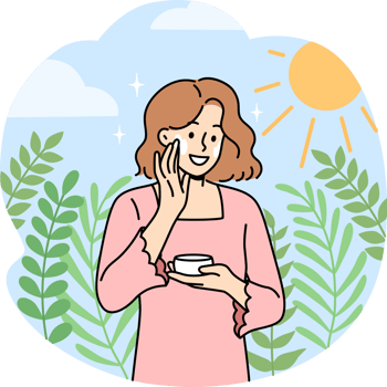 Woman uses sunscreen to protect face from sunburn and avoid negative effects of sun rays. Girl smears sunscreen on cheeks and smiles, enjoying summer weather and bright sun in blue sky png