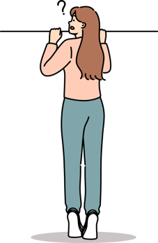 Curious woman peeks out from behind fence, standing on tiptoes to spy on neighbors. Curious girl does not understand what is happening and suffers due to lack of information that raises new questions. png