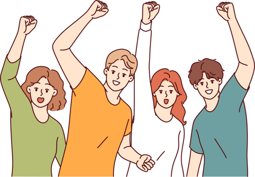 Community of joyful people celebrates victory by raising hands and shouting joyfully after achieving goals. Hurray, we won, say students rejoicing at victory in olympiad among universities png