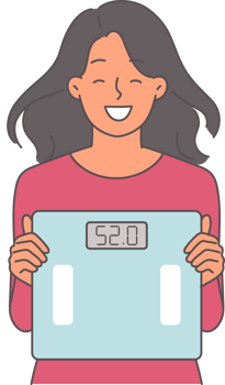 Woman shows scales after losing weight and smiles, rejoicing at good results from fitness and diet. Satisfied girl uses electronic scales to track weight changes and avoid obesity. png