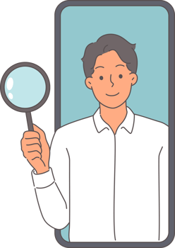 Business man with magnifying glass looks out of phone display, offering to use search technology. Guy manager is search for important information for company in mobile applications. png