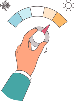 Person hand controls thermostat and increases supply of cold air in home or office. Adjusting thermostat as metaphor for controlling climate change and weather after change of season png