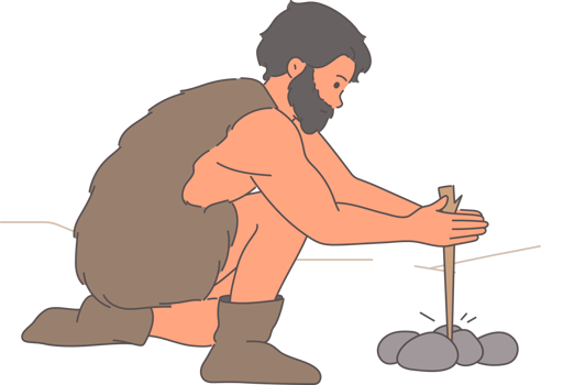 Primitive man makes fire using tree branch and stones in process of evolutionary development. Primitive neanderthal dressed in animal skin wants fire to cook food or scare away predators png