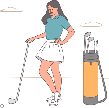Woman stands with golf club and smiles, preparing to make shot to drive ball into hole. Young girl is interested in golf and enjoys game in fresh air, which allows to develop accuracy. png