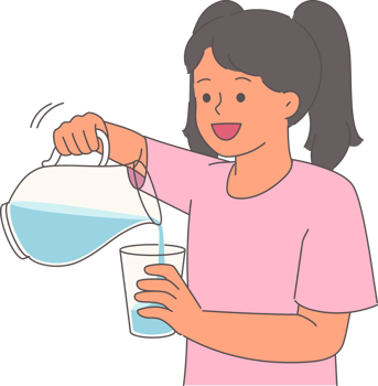 Little girl pours water into glass from decanter to quench thirst after summer walk. Happy child rejoices at opportunity to drink clean, refreshing water with tonic and detox effect png