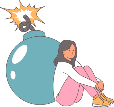 Teenage girl feels tired and burnout out due to problems with socialization, sits near burning bomb. Concept of relationship difficulties causing psychological burnout and mental disorder png