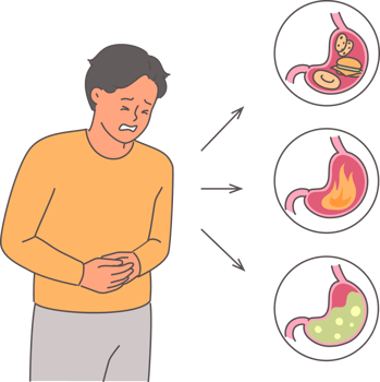 Man suffers from abdominal pain due to stomach problems and needs help of gastroenterologist. Heartburn and gastritis in young guy leading unhealthy lifestyle causing stomach overload png